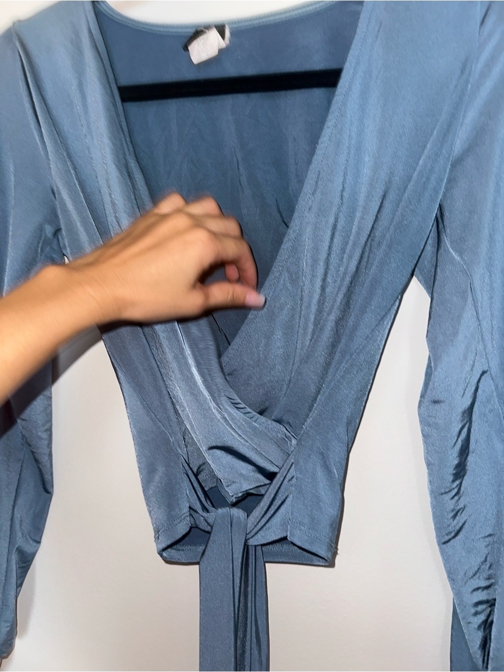 Women's Blue Wrap Tie Front Long Sleeve Top - Picture 2 of 2